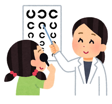 視力検査している女性と検査技師